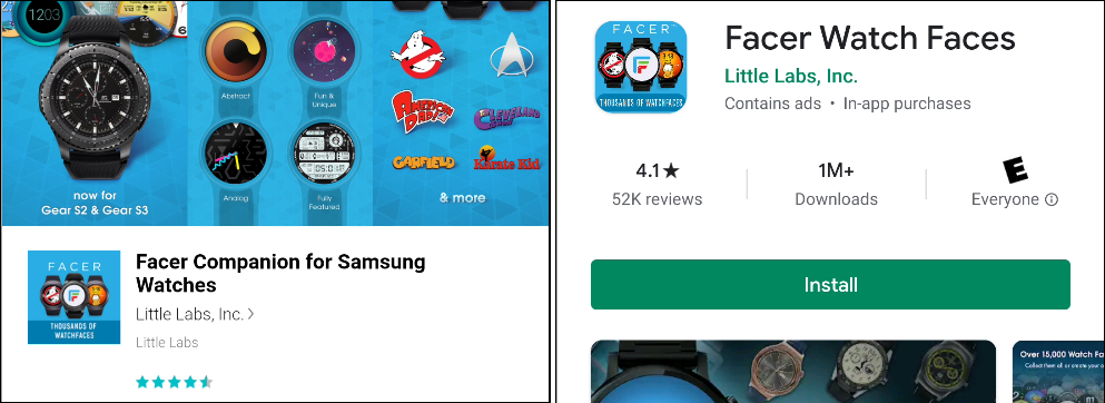 O aplicativo Facer no Galaxy App e Google Play Stores.