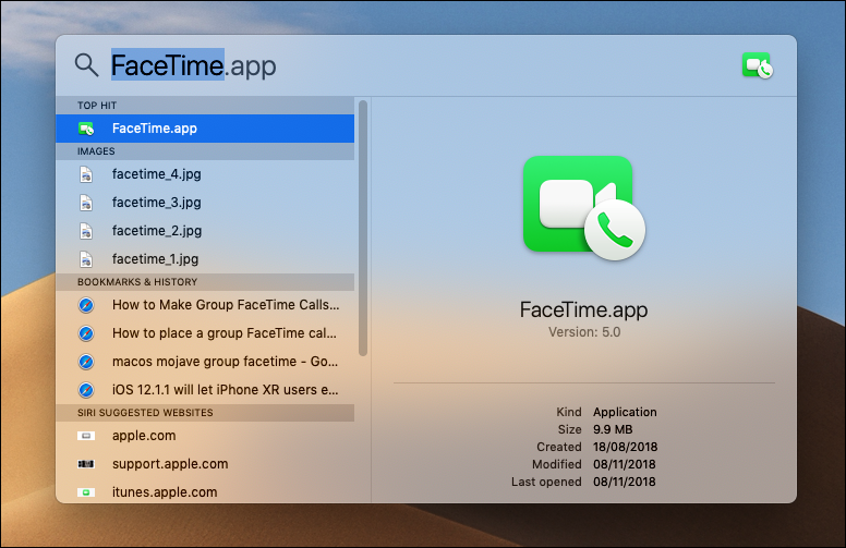 Pesquisar Spotlight para o aplicativo FaceTime