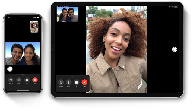 Uma ligação FaceTime entre uma mulher e um casal em um iPhone e iPad.