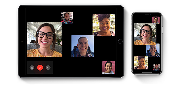 Cinco pessoas em uma ligação FaceTime em um iPad e iPhone.