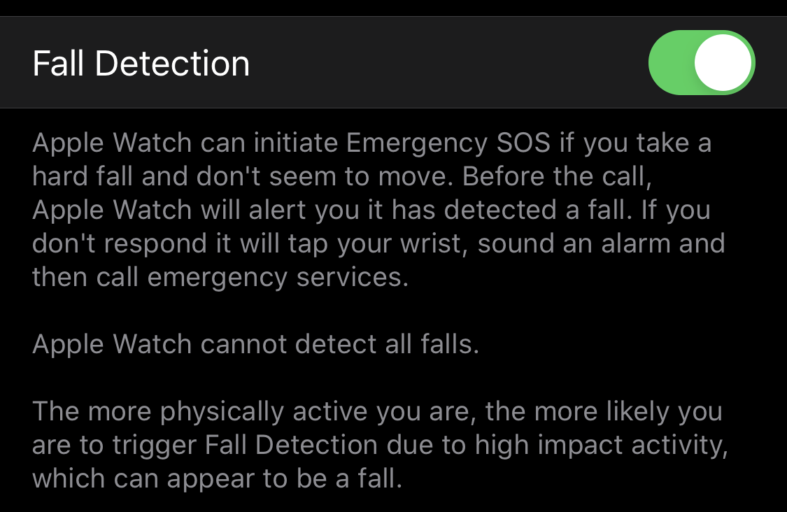 A opção "Detecção de queda" no Apple Watch.