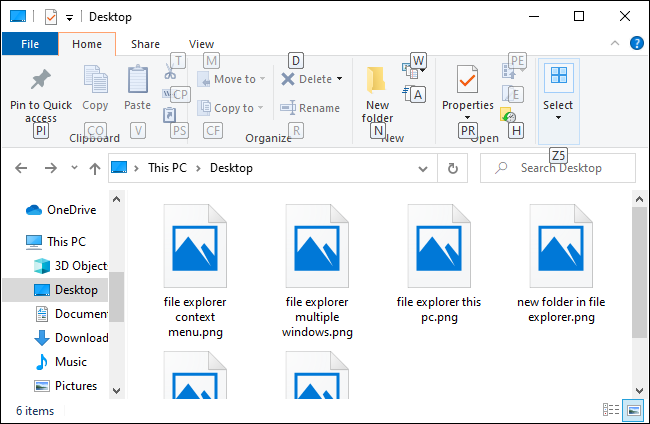 File Explorer exibindo atalhos de teclado para a faixa inicial.