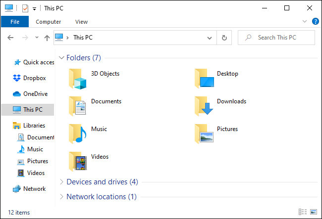 A visualização "Este PC" no Explorador de Arquivos do Windows 10