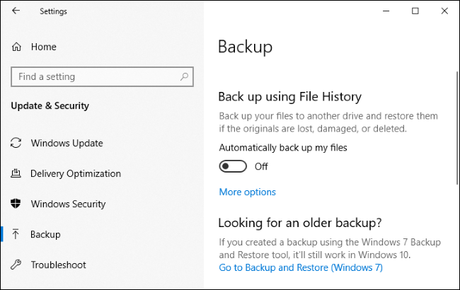 Menu "Backup" do Windows 10.