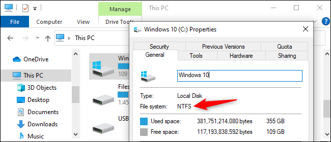 Verificando o sistema de arquivos de uma unidade no Windows 10.