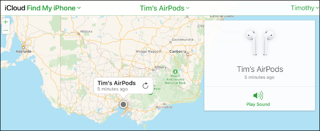 AirPods rotulados em um mapa "Find My iPhone" no site do iCloud. 
