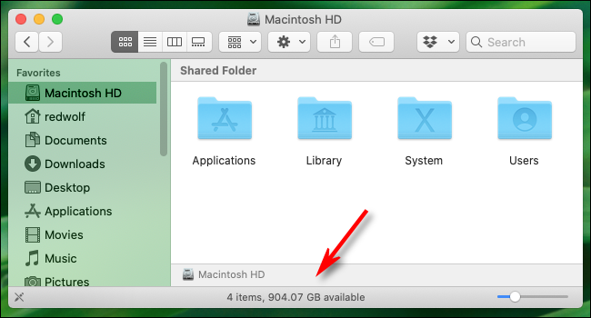 Espaço livre exibido na parte inferior de uma janela do Finder no macOS Catalina