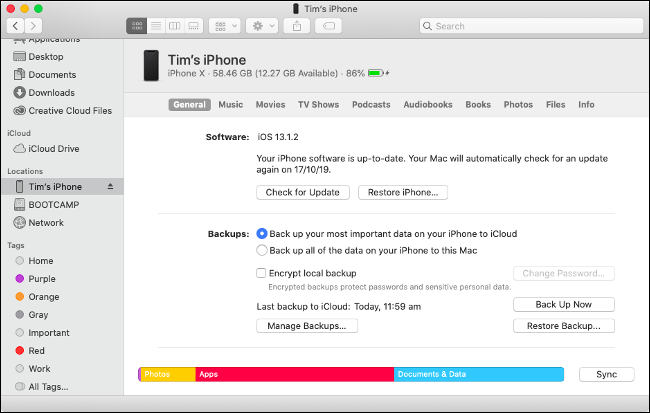 Sincronizar dispositivos iOS no macOS Catalina via Finder