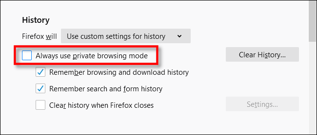 Marque sempre usar o modo de navegação privada no Firefox