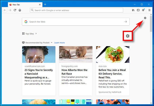 Clique no ícone de engrenagem na página inicial do Firefox no Firefox.