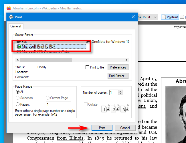 Selecione Microsoft Imprimir em PDF no Firefox no PC