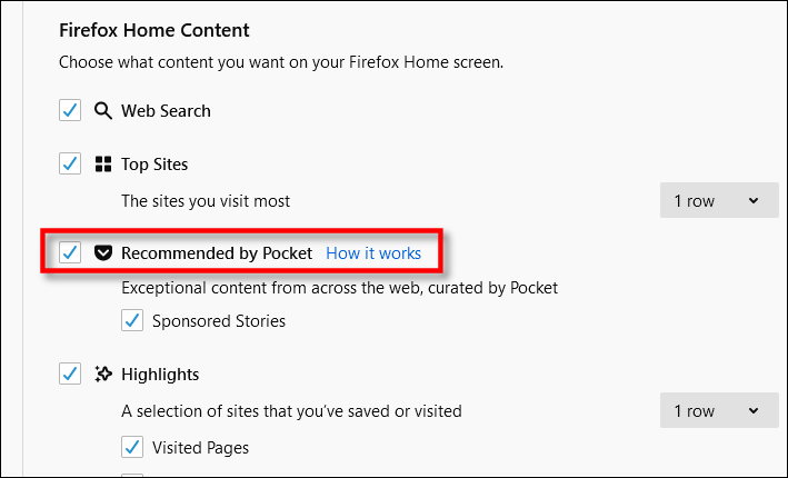 Desmarque "Recomendado pelo Pocket" nas opções do Firefox.