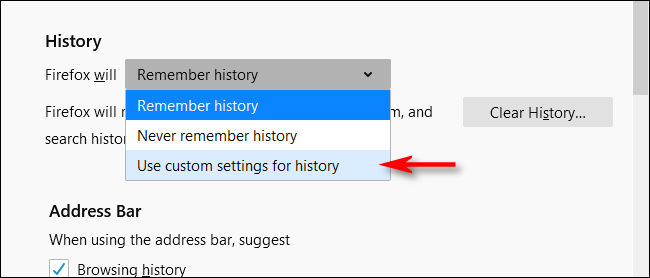 Clique em Usar configurações personalizadas para histórico no Firefox