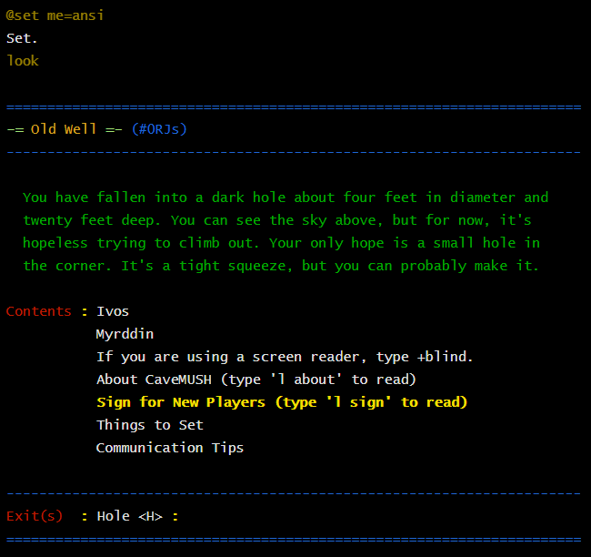 A sala CaveMUSH "Old Well" com o texto descritivo em cores.