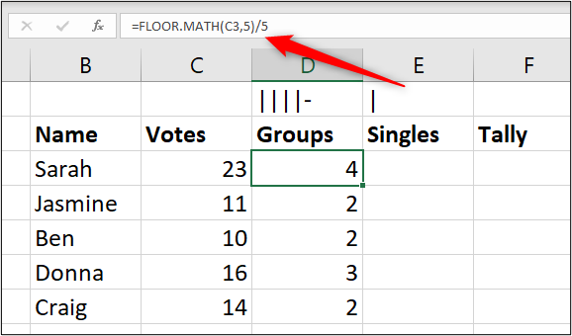 Totalize os grupos de cinco