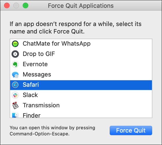 A caixa de diálogo "Force Quit Applications" do macOS.