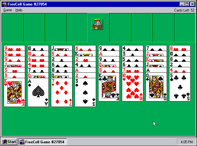 Um jogo "Freecell" da Microsoft em andamento no Windows 95.