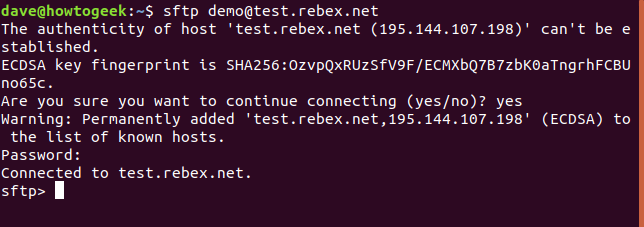 conectar-se a um site sftp em uma janela de terminal