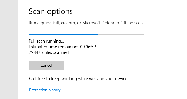 Verificação completa do Microsoft Defender em andamento no Windows 10