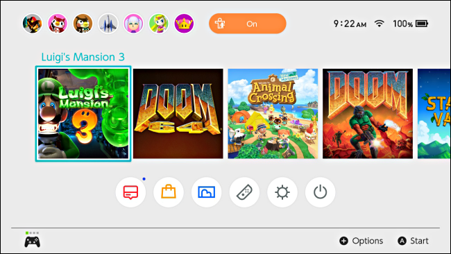 Um jogo é realçado com o cursor na tela inicial do Nintendo Switch