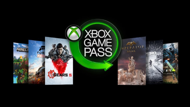 O logotipo do Microsoft Xbox Game Pass cercado por jogos.