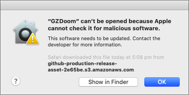 Um alerta de que o Gatekeeper bloqueou "GZDoom".