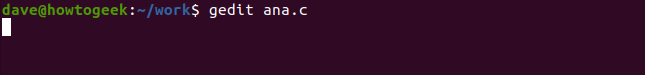 Comando gedit ana.c em uma janela de terminal
