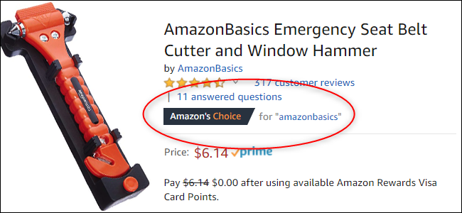 Uma captura de tela do cortador de cinto de segurança AmazonBasics.  I está listado como o item de escolha para o termo de pesquisa "amazonbasics".