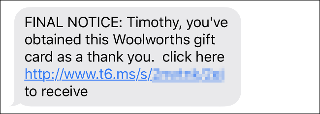 Um golpe de mensagem de texto para um vencedor de "Vale-presente" com muitos erros gramaticais.