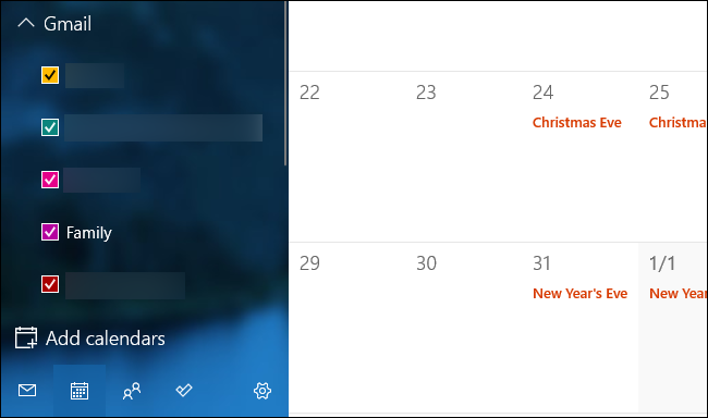 Calendários do Google listados no painel esquerdo do aplicativo Agenda.