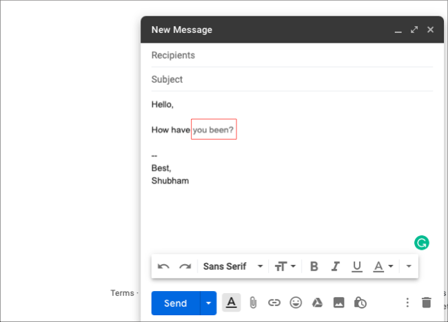 As sugestões do Gmail aparecerão em cinza claro ao lado do texto digitado.