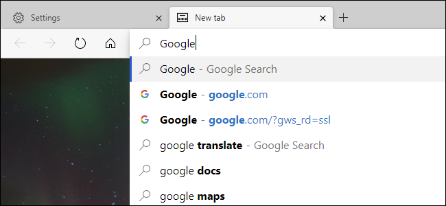 Pesquisando com o Google a partir da nova barra de endereços do Edge.