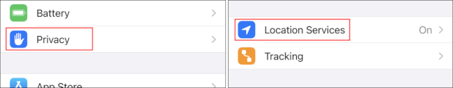 Toque em "Privacidade" e depois em "Serviços de localização".