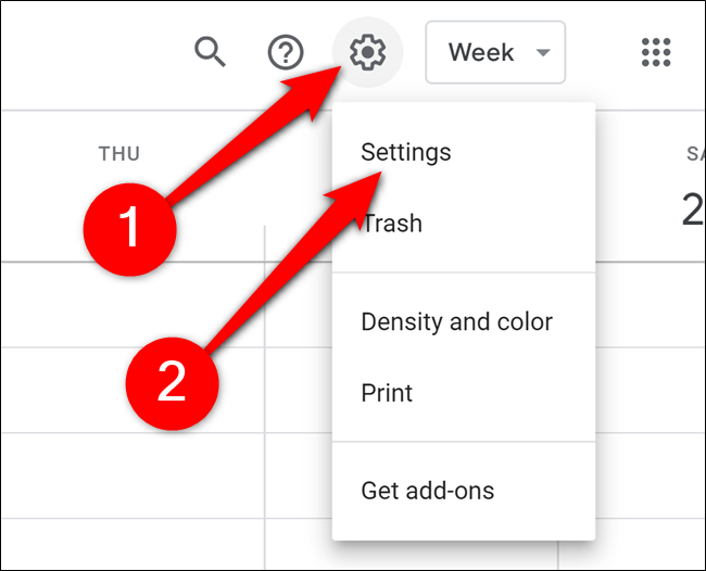 Engrenagem de clique e configurações do Google Agenda