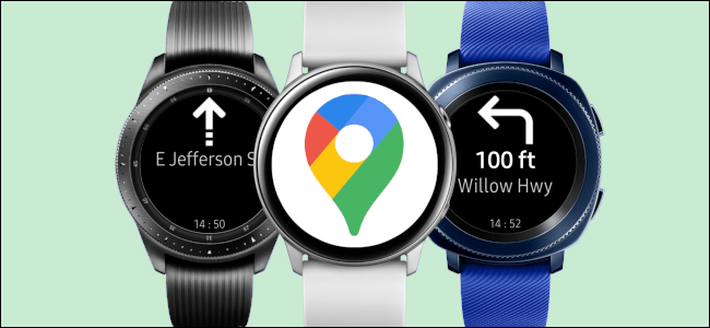 Três smartwatches Samsung Galaxy com instruções do Google Maps.