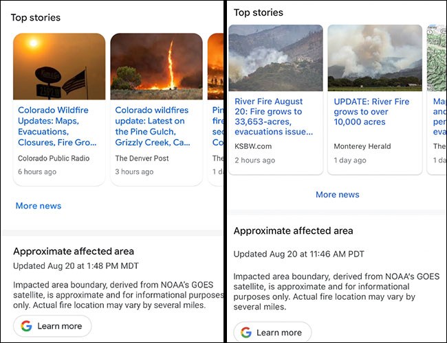 Google Maps com histórias sobre os incêndios
