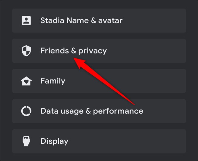 Amigos e privacidade do aplicativo Google Stadia