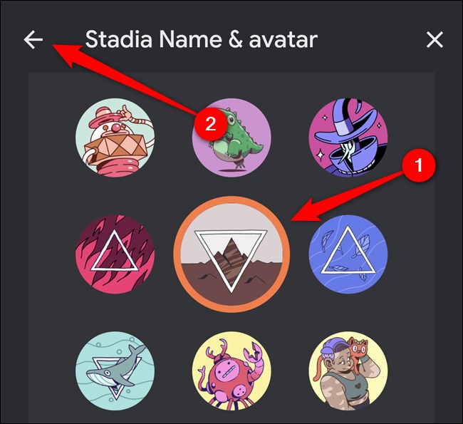 App Google Stadia Clique em Novo Avarat e depois em Voltar