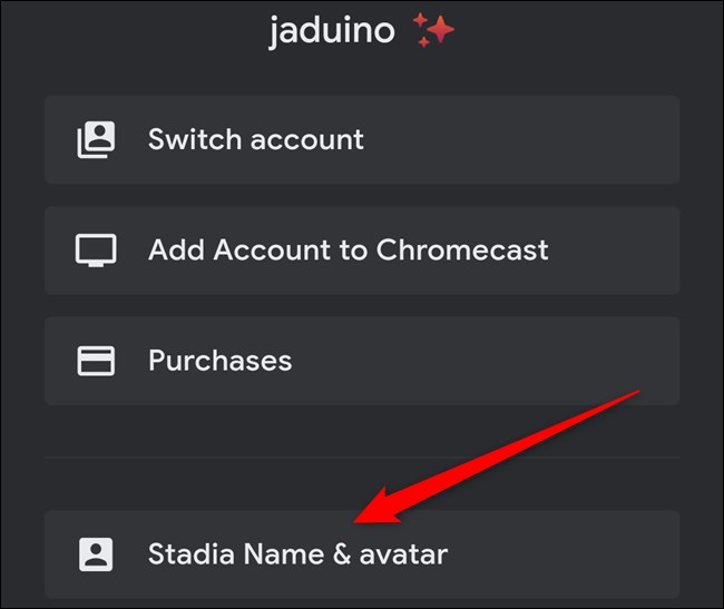 Aplicativo Google Stadia Clique no nome e avatar do Stadia