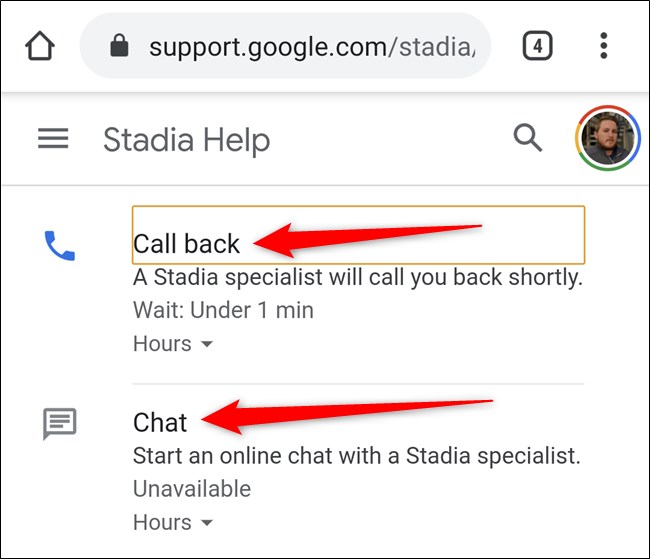 App Google Stadia Selecione Call Back ou Chat