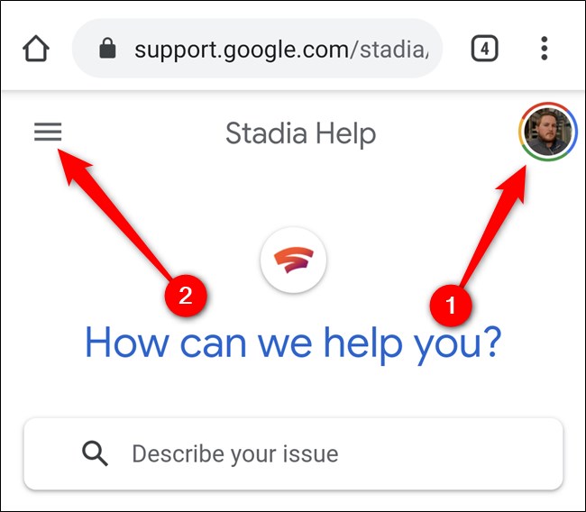 Google Stadia App Faça login na Conta do Google e no menu Click Hamburger