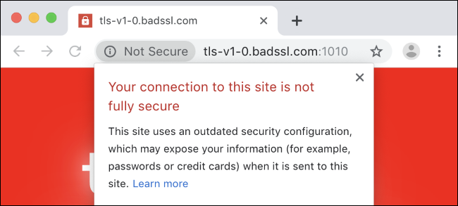 Aviso de segurança do Chrome TLS 1.0.