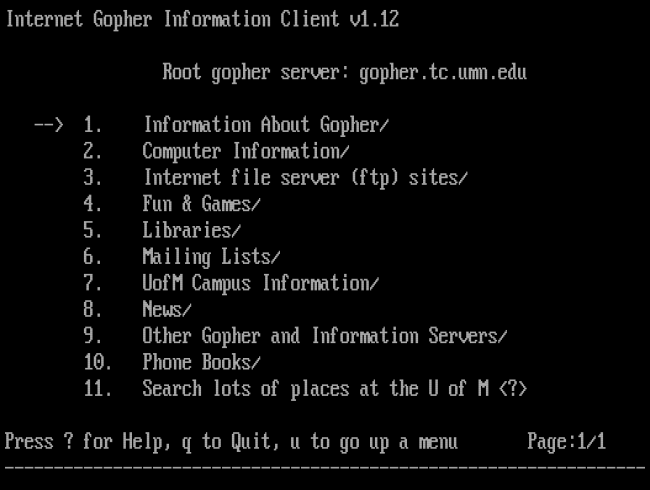 O menu principal do Gopher em uma janela de terminal.