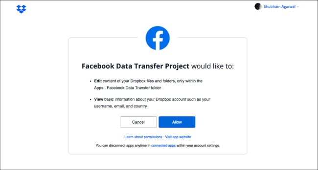 Conceda ao Facebook acesso ao armazenamento em nuvem