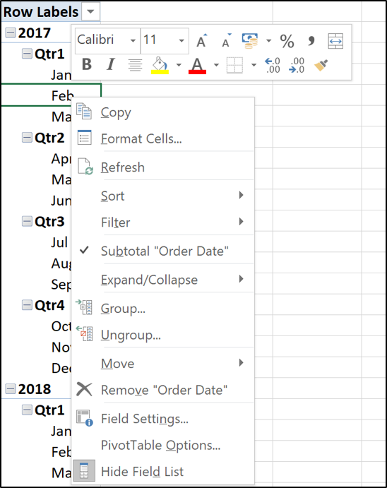 Datas do grupo em uma tabela dinâmica