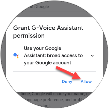 Toque em "Permitir" para conceder ao app permissão para usar o Google Assistente.