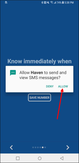 Pedido de permissão de mensagem SMS Haven