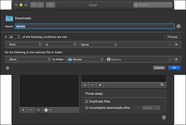 O menu de regras Hazel para uma pasta de downloads em um Mac.