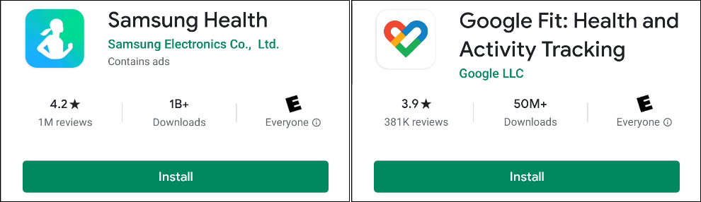 Os aplicativos "Samsung Health" e "Google Fit" na Google Play Store.