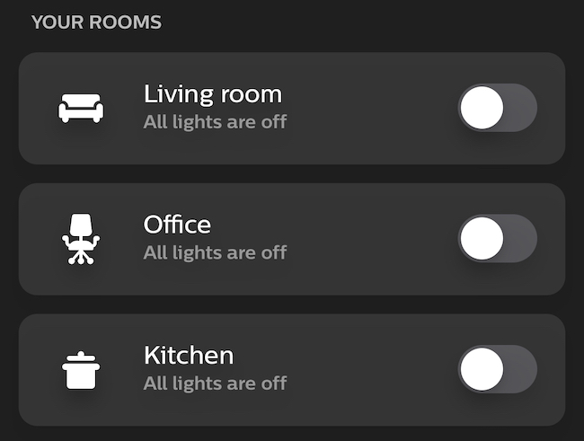 O menu "Seus quartos" no aplicativo Philips Hue.